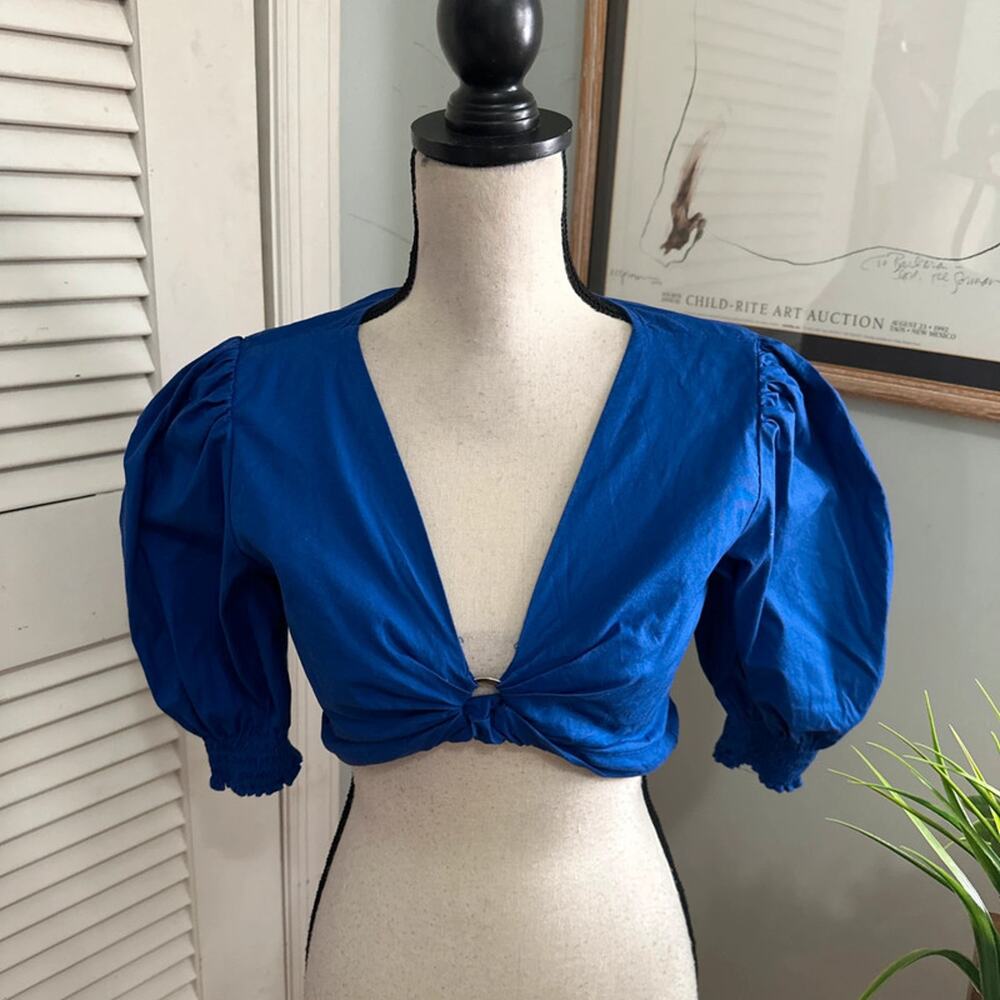 Kan Can Crop Top Small Blue Dainty Puff Sleeve V-Neck Festival Summer Chic